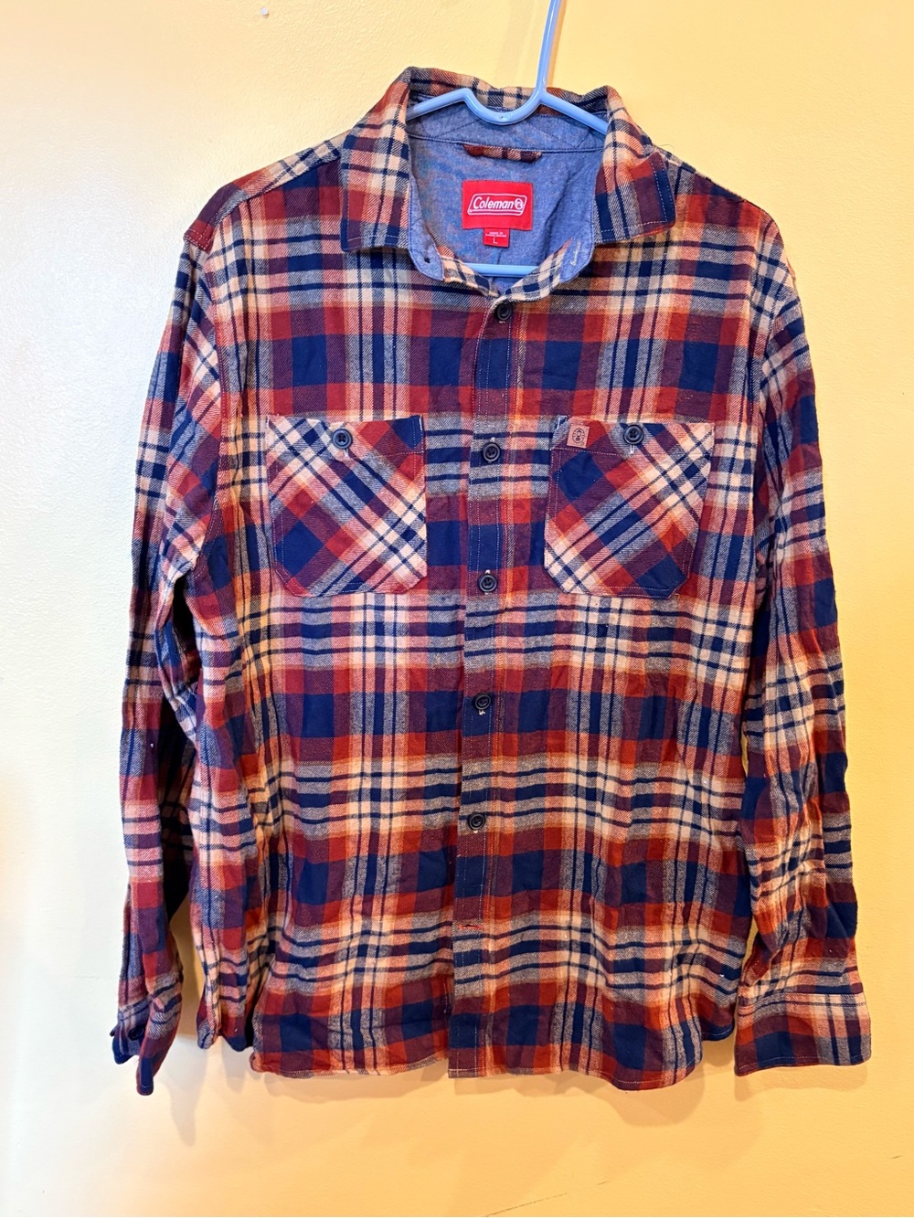 Coleman Blue, Red & Cream Plaid Button-Down Flannel Shirt 100% cotton